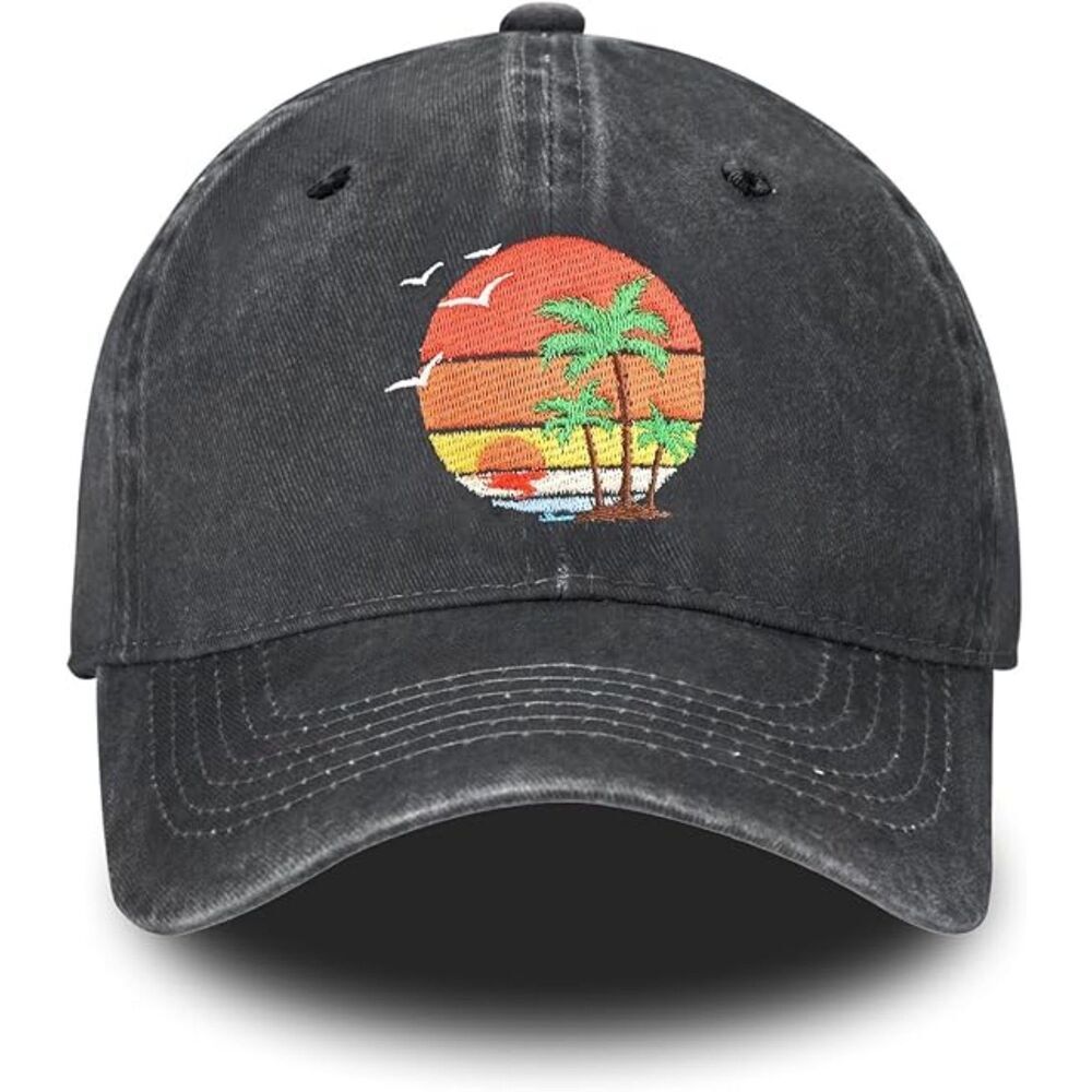 Unisex Black 100% Cotton Palm Tree Embroidery Adjustable Classic Baseball Cap